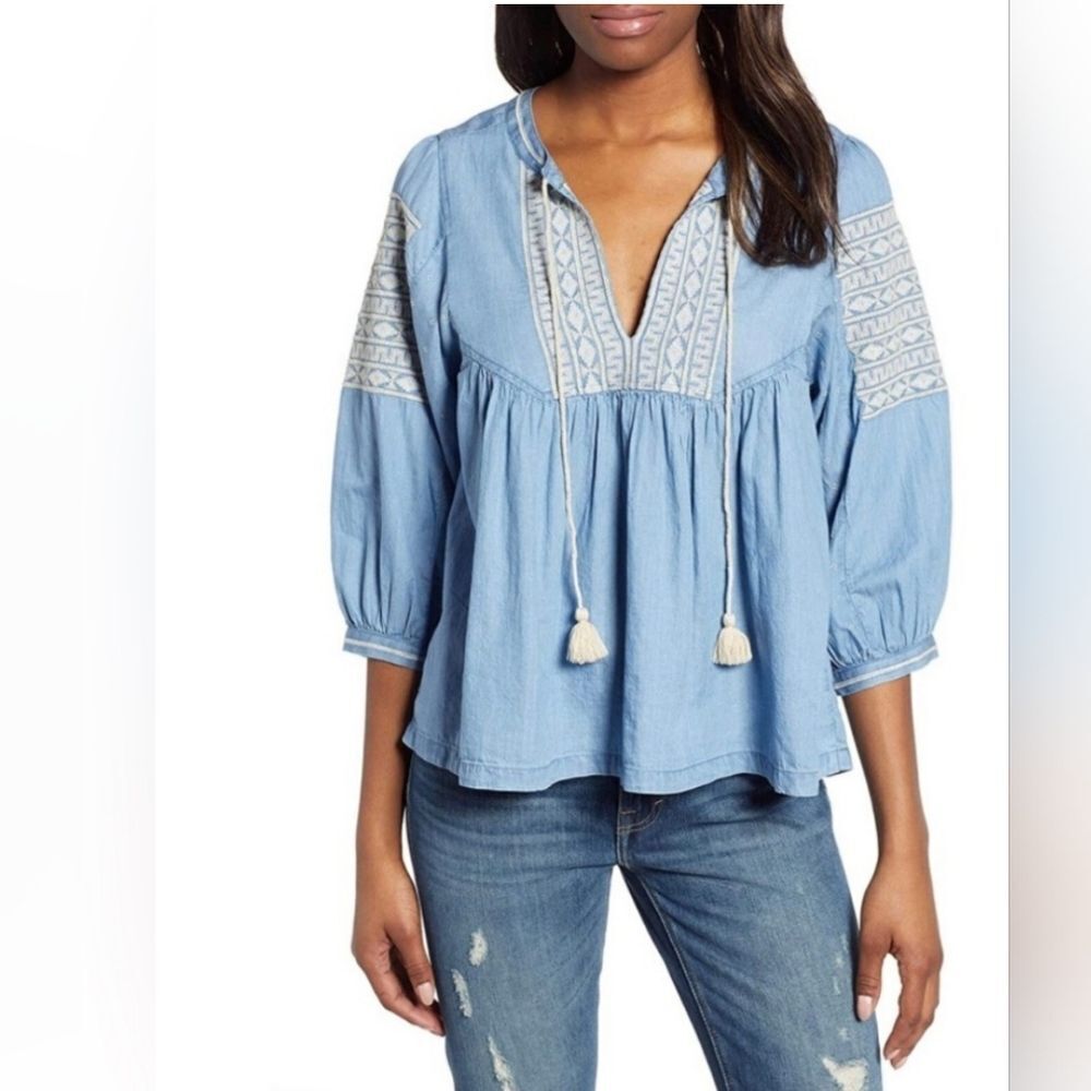 Lucky Brand Top Blue Chambray Denim Cotton Boho Embroided Crop Peplum Tunic